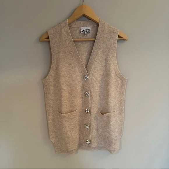 NEW Ganni Cashmere Mix Button Vest Sweater in Oyster Gray / Cream - size XS - Picture 3 of 7
